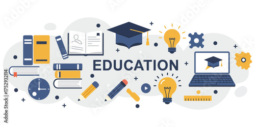 Vector illustration banner with a collection of flat icons representing the concept of study, knowledge, and higher learning