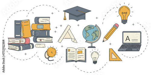 Educational Icons Books, Graduation Cap, Globe, and Learning Tools