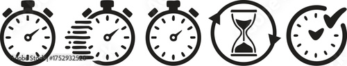 Five icons representing time management speed progress completion and chronology concepts