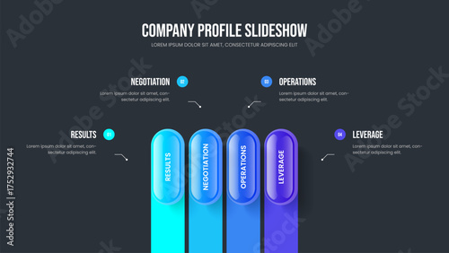 Digital Introduction Slideshow Template Vector Illustration. Marketing Report Four Element Diagram Presentation Layout. Sales Performance 4 Step Infographic Frame Design.