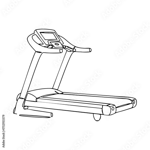 Treadmill vector line art of modern running machine with console and handles, clean continuous line drawing ideal for gym design, fitness studio branding, and workout illustrations