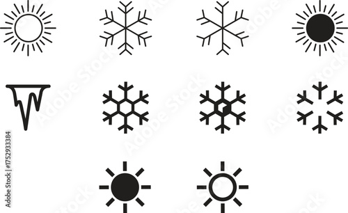 Editable weather icon set with temperature, sun, rain, snow, cloud, humidity, storm, summer, winter, spring, cloudy seasons, vector illustration, climate, forecast, thermometer, lightning, meteorology