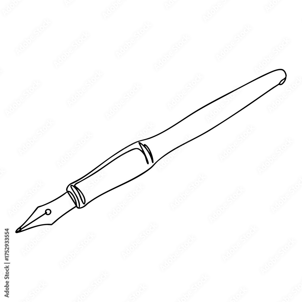 Obraz premium Vector line art of a classic fountain pen with elegant curved body and metal nib, detailed outline drawing for stationery and writing themes.