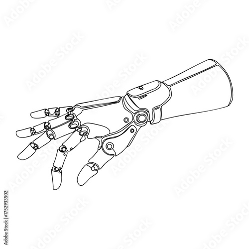 Vector line art of a robotic hand reaching forward with detailed mechanical joints, futuristic prosthetic arm illustration symbolizing technology and innovation.
