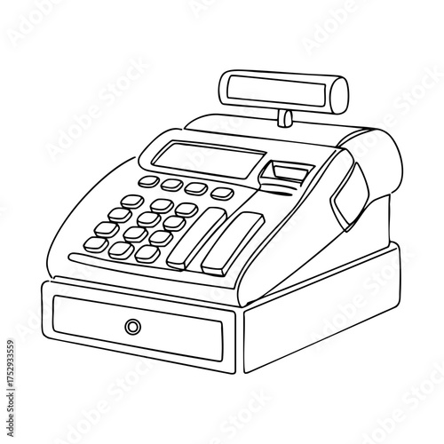 Vector line art of a vintage cash register with numeric keypad, display and cash drawer, detailed contour drawing for shop or finance illustration.