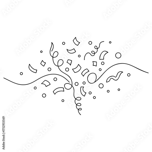 Confetti explosion vector line art, minimalist continuous one line drawing of festive celebration with ribbons and dots, party decoration concept