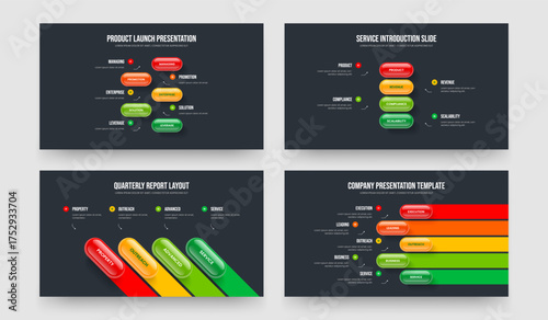 Product Showcase 5 4 Step Infographic Presentation Design Bundle. Advertising Profile Five Four Element Diagram Slideshow Layout Vector Illustration Collection.