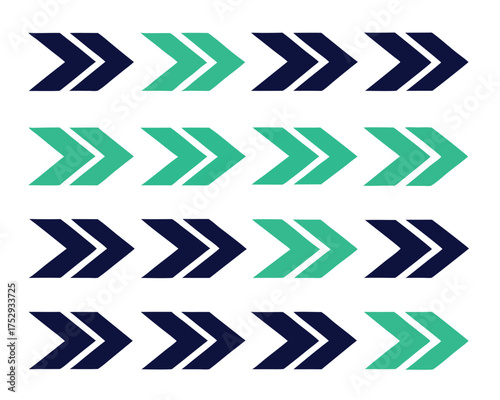Pattern of Teal and Blue Right Pointing Arrows on White Background Signifying Direction and Movement Repetitive Graphic Design