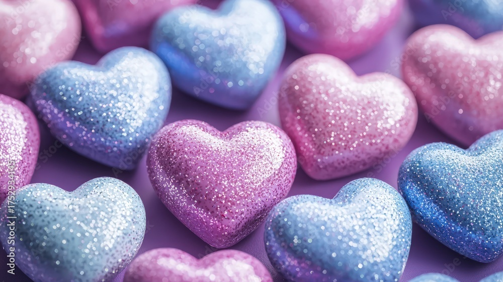 Fototapeta premium Sparkling Pink and Blue Glitter Hearts Background.