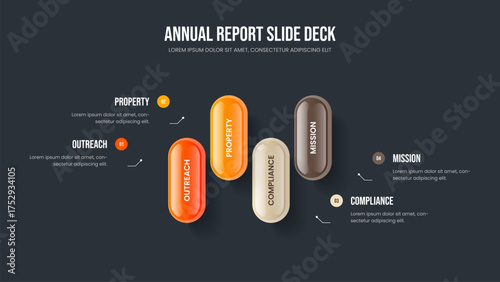 Enterprise Forecast 4 Option Diagram Presentation Layout. Company Report Four Element Infographic Frame Design. Product Insight Slideshow Template Vector Illustration.