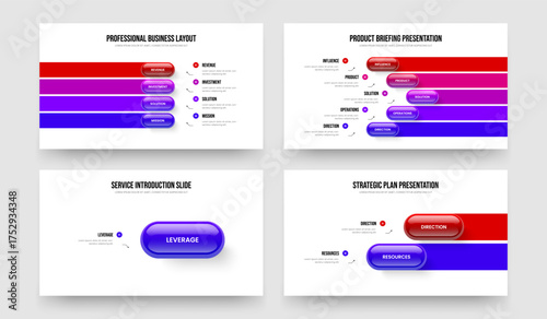 Product Strategy 4 5 1 2 Element Infographic Presentation Layout Set. Company Planning Four Five One Two Step Diagram Slide Template Vector Illustration Collection.