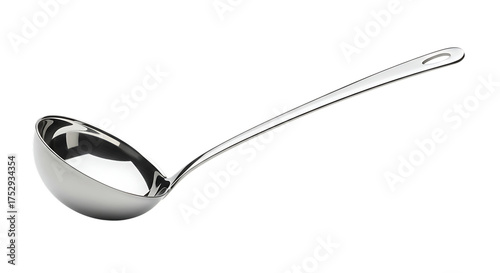 Shiny stainless steel soup ladle for serving, isolated on a clean white background. Essential kitchen utensil