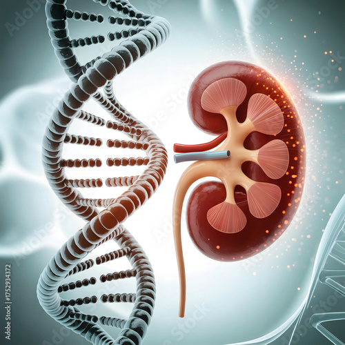 Explore the human kidney and DNA helix in stunning detail offering a modern medical perspective on genetics and kidney function for health education