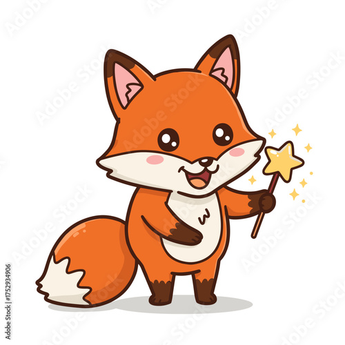 A cute, smiling cartoon fox is happily holding a star-tipped magic wand that is emitting sparkles.