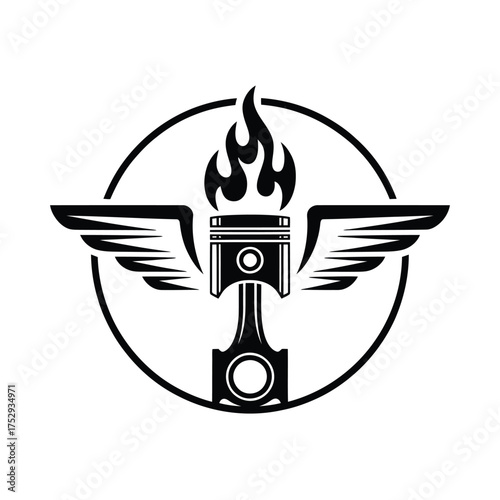Winged piston with flames emblem