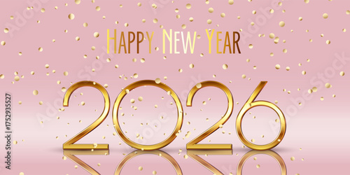 Happy New Year banner with gold letters and gold confetti design 