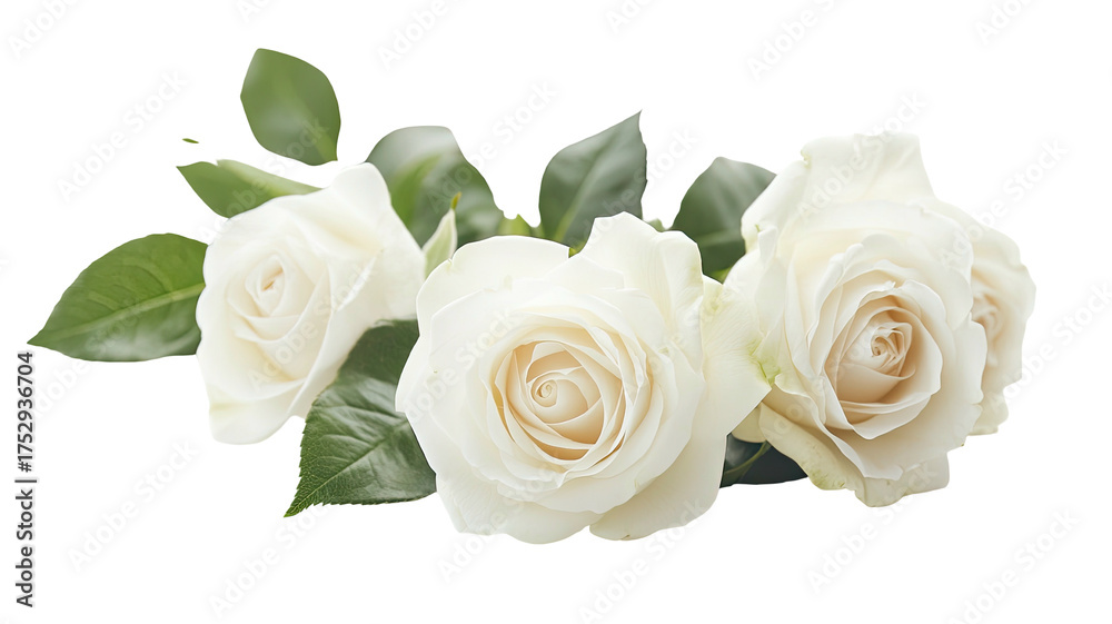 Obraz premium Group of white roses w/ green leaves, isolated on black