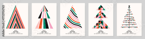 Modern holiday card with abstract Christmas tree shapes. Geometric colorful design with minimal lines and joyful mood