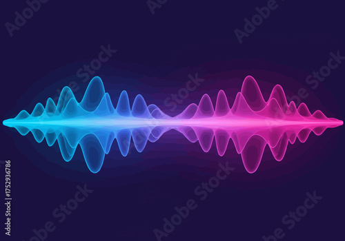 Vibrant digital sound wave with a luminous cyan to pink gradient Abstract audio waveform visualization with symmetrical layered lines.