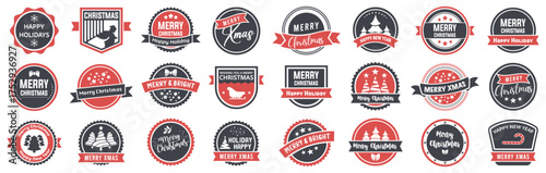 Christmas badge collection with festive greetings and symbols. Round and shield emblems featuring stars, trees, and ribbons. Ideal for seasonal cards, packaging, or winter branding