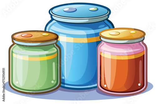 Three cartoon glass jars showcasing varied colorful contents are illustrated together on a white scene