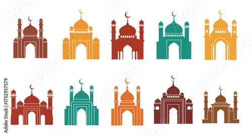 A collection of stylized mosque icons in vibrant colors. These diverse architectural representations offer a unique visual palette for religious and cultural themes.