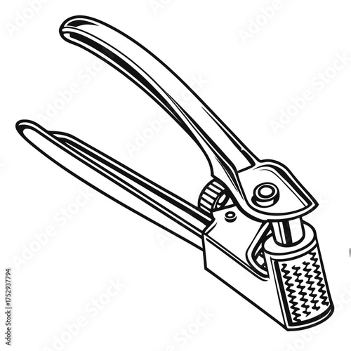 The outlined monochrome garlic press exhibits simple construction and functional components for efficient food preparation