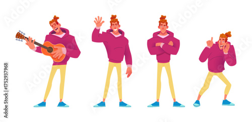 Modern Young Man Cartoon Poses. Dynamic Male Character Action Set