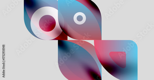 Abstract shapes blend, creating fluid forms. Colors shift from pinks to blues, set against light gray background. Modern design.