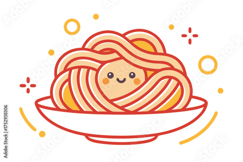 Cartoon face peers from a delightful dish filled with plentiful cute, colorful spaghetti