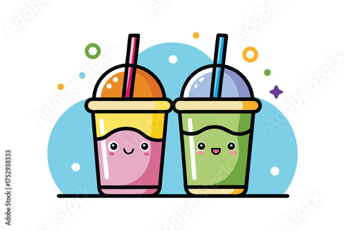Two cute cartoon smoothie drinks with straws smile cheerfully against a playful backdrop