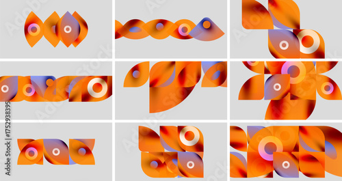 Abstract orange shapes, circles, layers create dynamic compositions. Variations explore form, color, depth within grid layout.