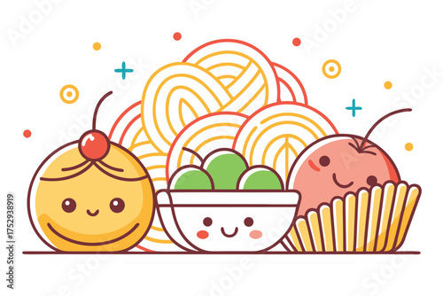 Sweet animated treats sit together with fun abstract shapes above them cheerfully