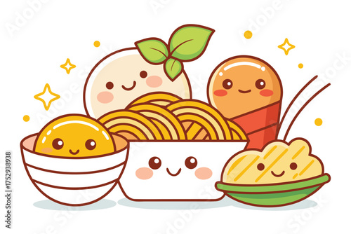 Collection of cute food cartoons displaying noodles, dumplings, and fillings with happy expressions