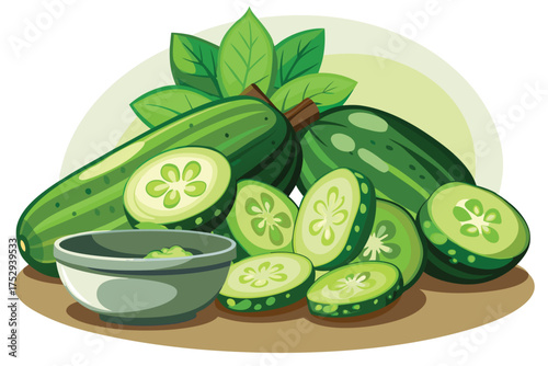 Sliced cucumbers are presented with fresh leaves and a dipping bowl on a table