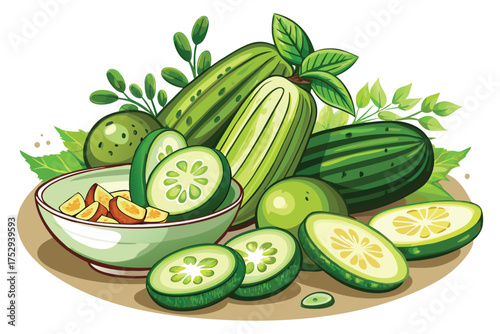 Still life showcasing cut and whole tindora gourds with vibrant leaves around a bowl