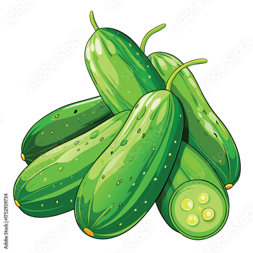Pile of fresh green cucumbers displays whole form and crosssection on a bright surface
