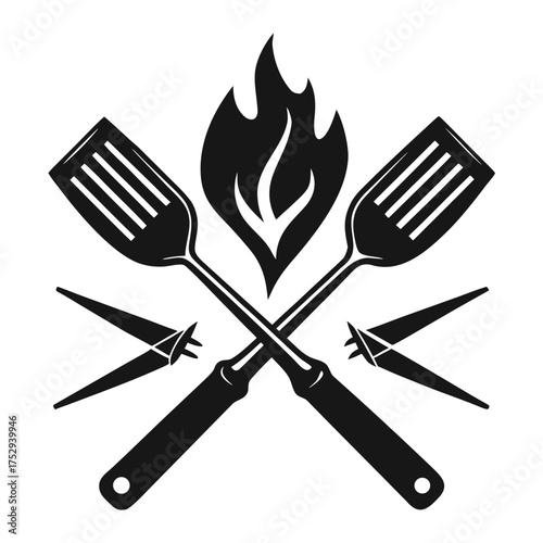 Intersecting spatulas and flame evoke culinary heat with crossing fork prongs adding dimension to the presentation