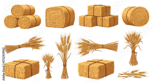 Collection of hay bales and wheat bundles in various shapes and sizes representing rural agriculture and harvest.
