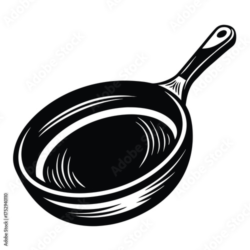 Black and white skillet displays a classic cooking tool with a long handle