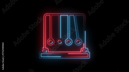 Neon newton cradle animation with red and blue light on black background animated physics concept