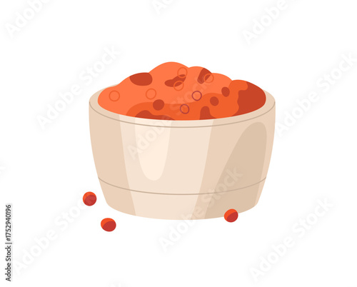 Bowl of red caviar icon. Natural fish roe, organic spawn. Healthy seafood, raw sea food, delicious undersea eating, appetizing underwater product. Flat isolated vector illustration on white background