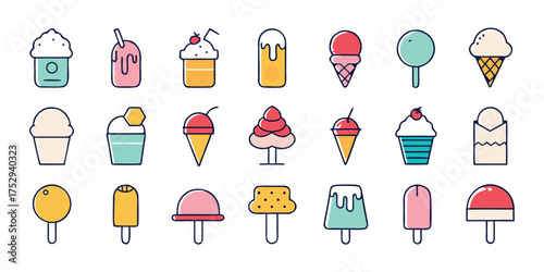 An array of colorful dessert icons shows cones, cups, and popsicles on white