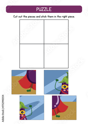 Engaging Superhero Eggplant Cut and Paste Puzzle