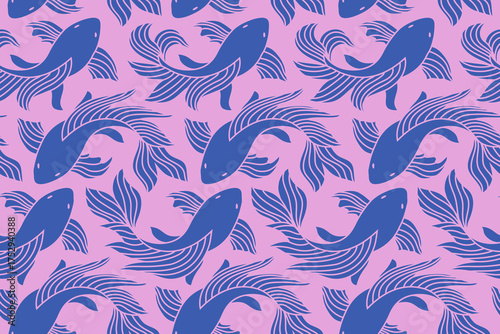Original seamless pattern of a koi fish, carp in blue and pink colors, Chinese new year, Asian festives. Graceful background, wrapping paper, fabric swatch