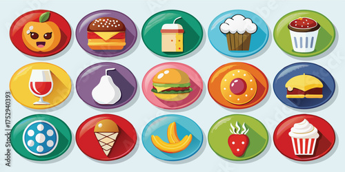 Icons display an apple, burger, donut, and strawberry, among different food and drink items