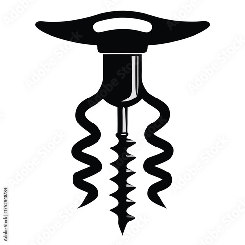 Stylized black winged corkscrew displays bottle opening leverage and sharp extraction