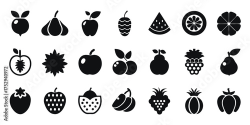 Assorted monochrome fruit icons are arranged in rows across the on a white surface