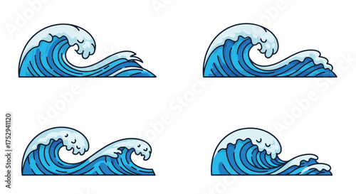 Four blue and white wave illustrations arranged on a white background