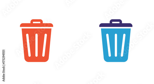 A pair of colorful trash cans one red and one blue isolated